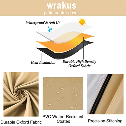 Wrakus Patio Heater Cover Outdoor Propane Gas Outside Waterproof Heavy Duty Fabric Durable Oxford with Zipper for Backyard Garden Treasures Porch Fire Standing Deck Heaters Covers Accessories Gold
