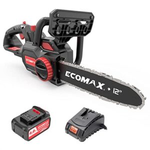 ecomax cordless chainsaw 12-inch, 18v electric chainsaw with 4ah battery and fast charger, powerful chain saws with double safety switch for wood cutting, ideal for farm backyard garden ranch, elg05