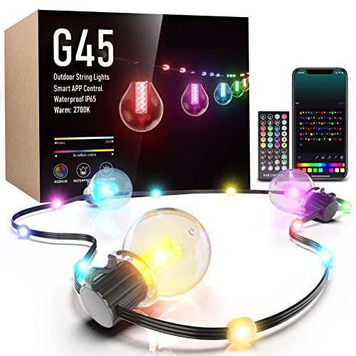 Zuukoo Smart Outdoor String Lights,50Ft Sync with Music Led RGB Patio Lights,Color Changing App Control with 25 Dimmable Bulbs,G45 Globe Bulbs Waterproof for Garden,Cafe,Backyard,Christmas,Party