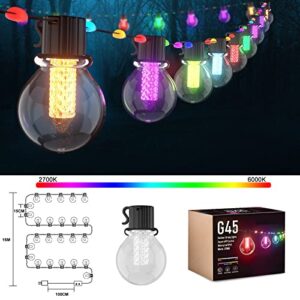 Zuukoo Smart Outdoor String Lights,50Ft Sync with Music Led RGB Patio Lights,Color Changing App Control with 25 Dimmable Bulbs,G45 Globe Bulbs Waterproof for Garden,Cafe,Backyard,Christmas,Party