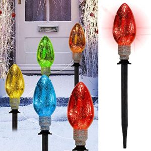 biswing christmas decorations c9 multicolor light bulb with pathway markers, outdoor xmas pathway lights, connectable & light up for holiday walkway patio garden lawn yard ornament, 5 pack