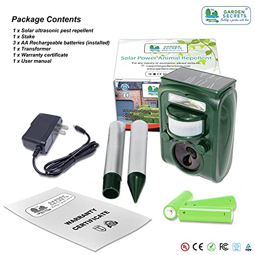 GARDEN SECRETS Compact Solar Ultrasonic Animal Repellent. Skunk Raccoon Deer Coyote Cat Rat Mice etc Deterrent. Keep Pests Away from Your Property Within 2-4 Weeks. Whole Year Full Warranty (1)