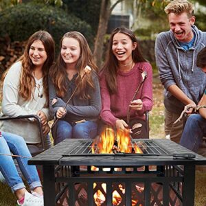 cisvio 32in fire pit outdoor bbq square metal table patio garden stove wood burning fireplace with spark screen, cover,poker,grill for camping picnic bonfire backyard, black