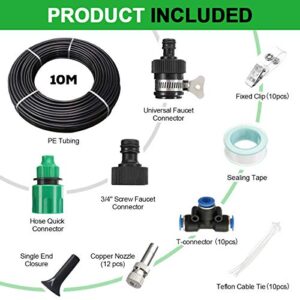 Misting Cooling System Automatic Irrigation Kit with 32.8ft (10M) 4/7'' Tubing + 12 Misting Nozzle, Outdoor Cooling System for Waterpark Swimming Pool Parasol Trampoline, Plant Watering Kit for Patio Garden Lawn Greenhouse