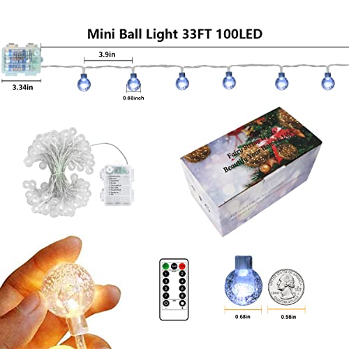 Outdoor String Lights Battery Operated 33FT 100LED String Lights Indoor Waterproof Mini Globe Lights, with Remote Timer 8 Lighting Modes, for Garden Bedroom Wedding Halloween Christmas Party Decor