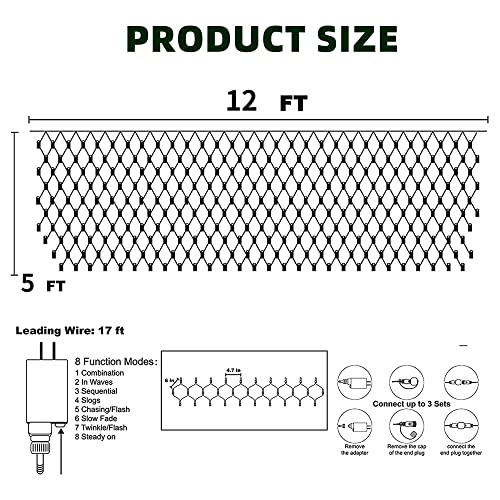 Dazzle Bright Christmas Net Lights, 360 LED 12FT x 5 FT Green Wire Waterproof Connectable String Lights with 8 Modes, Christmas Outdoor Lights for Bushes Garden Holiday Decoration (Multi-Colored)