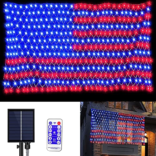 Solar American Flag Lights, Independence Day Decorations 2-in-1 Solar Powered & Plug in US Flag Lights 420 LED 8 Modes Waterproof Flag Lights for July 4th Independence Day, Garden, Yard Decorations