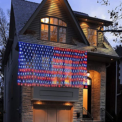 Solar American Flag Lights, Independence Day Decorations 2-in-1 Solar Powered & Plug in US Flag Lights 420 LED 8 Modes Waterproof Flag Lights for July 4th Independence Day, Garden, Yard Decorations