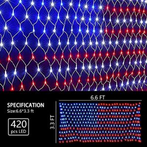 Solar American Flag Lights, Independence Day Decorations 2-in-1 Solar Powered & Plug in US Flag Lights 420 LED 8 Modes Waterproof Flag Lights for July 4th Independence Day, Garden, Yard Decorations