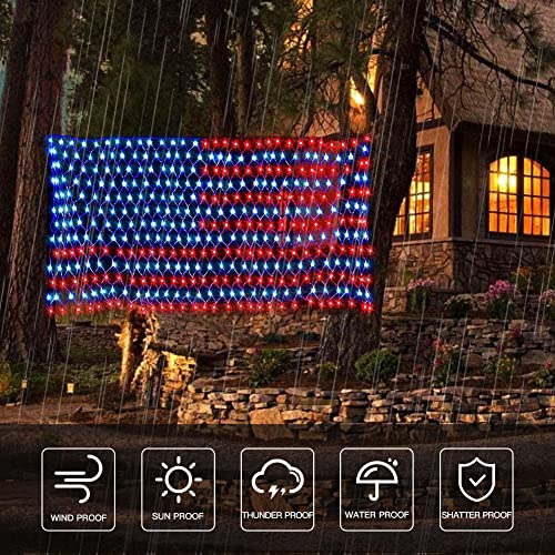 Solar American Flag Lights, Independence Day Decorations 2-in-1 Solar Powered & Plug in US Flag Lights 420 LED 8 Modes Waterproof Flag Lights for July 4th Independence Day, Garden, Yard Decorations