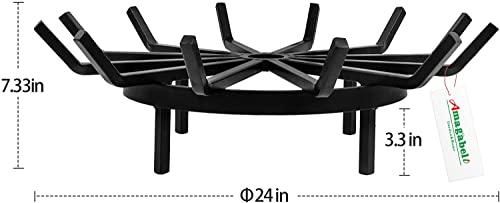 AMAGABELI GARDEN & HOME 24in Fire Grate Log Grate Wrought Iron Fire Pit Round Spider Wagon Wheel Firewood Grate Heavy Duty 0.7in Bar Fireplace Stove Burning Rack Holder 4Legs Chimney Hearth BG274