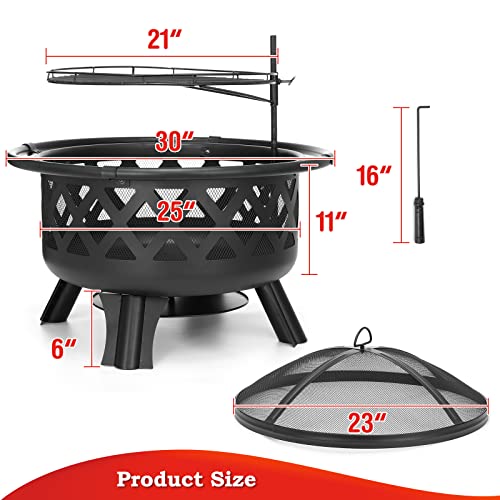 SINGLYFIRE 30 Inch Fire Pits for Outside with Grill Outdoor Wood Burning Firepit Large Steel Firepit Bowl for Patio Backyard Picnic Garden with Swivel BBQ Grill, Ash Plate,Spark Screen, Poker