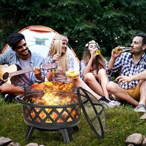 SINGLYFIRE 30 Inch Fire Pits for Outside with Grill Outdoor Wood Burning Firepit Large Steel Firepit Bowl for Patio Backyard Picnic Garden with Swivel BBQ Grill, Ash Plate,Spark Screen, Poker