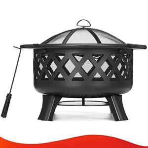 SINGLYFIRE 30 Inch Fire Pits for Outside with Grill Outdoor Wood Burning Firepit Large Steel Firepit Bowl for Patio Backyard Picnic Garden with Swivel BBQ Grill, Ash Plate,Spark Screen, Poker