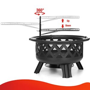SINGLYFIRE 30 Inch Fire Pits for Outside with Grill Outdoor Wood Burning Firepit Large Steel Firepit Bowl for Patio Backyard Picnic Garden with Swivel BBQ Grill, Ash Plate,Spark Screen, Poker