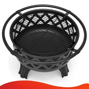 SINGLYFIRE 30 Inch Fire Pits for Outside with Grill Outdoor Wood Burning Firepit Large Steel Firepit Bowl for Patio Backyard Picnic Garden with Swivel BBQ Grill, Ash Plate,Spark Screen, Poker