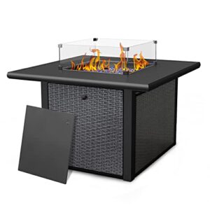 marvoware propane gas fire pit table, 60,000 btu wicker outdoor fireplace with lid & pvc cover,csa approved auto-ignition fire tables for garden backyard deck patio(36in)