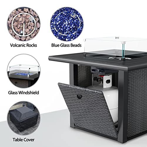 MARVOWARE Propane Gas Fire Pit Table, 60,000 BTU Wicker Outdoor Fireplace with Lid & PVC Cover,CSA Approved Auto-Ignition Fire Tables for Garden Backyard Deck Patio(36in)