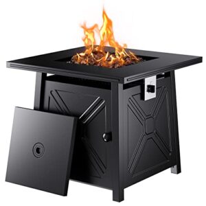 ciays 28 inch gas fire pit table, 50,000 btu propane fire pits for outsides with steel lid and lava rock, 2 in 1 square firepit table for gatherings parties on patio deck garden backyard, black
