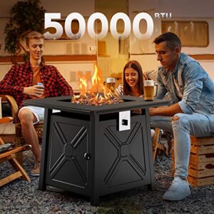 Ciays 28 Inch Gas Fire Pit Table, 50,000 BTU Propane Fire Pits for Outsides with Steel Lid and Lava Rock, 2 in 1 Square Firepit Table for Gatherings Parties on Patio Deck Garden Backyard, Black