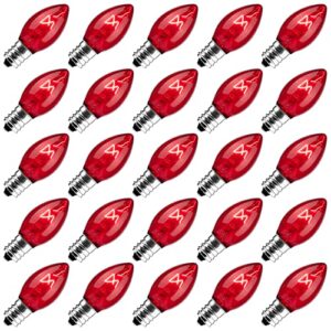 25 pack replacement c7 light bulbs for e12 base christmas string lights, classic christmas bulbs for holiday party indoor outdoor garden backyard cafe xmas decoration, red