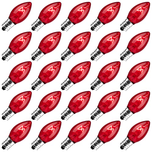 25 Pack Replacement C7 Light Bulbs for E12 Base Christmas String Lights, Classic Christmas Bulbs for Holiday Party Indoor Outdoor Garden Backyard Cafe Xmas Decoration, Red