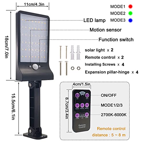 Adowan LED Solar Outdoor Lights with Motion Sensor, 3 Lighting Modes Flood Lights with Remote Control, Waterproof Night Security Light for Garage Garden Street Shed Yard (2 Pack)