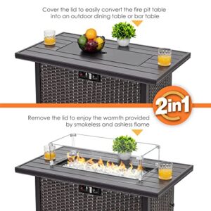 Nuu Garden 43-inch Propane Fire Pit Table, 50,000 BTU Aluminum Gas Fire Table with Lid, Cover and Glass Beads, Rectangle Firepit for Garden, Patio, Backyard, Deck, Dark Black