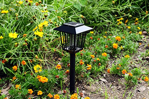 New & Improved Solar Powered Zapper- Enhanced Outdoor Flying Insect Killer- Hang or Stake in the Ground- Cordless Garden Lamp- Portable LED Machine- Best Stinger for Mosquitoes/ Moths/ Flies (Black)
