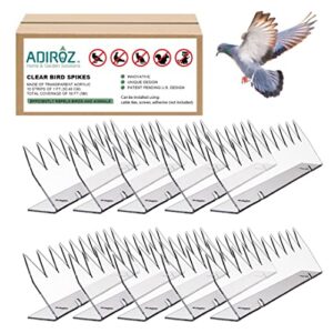 adiroz clear plastic bird spikes for outdoors – transparent acrylic garden fence animal barrier to keep birds away – protect your home and patio with a humane bird and squirrel repellent, 10 ft.