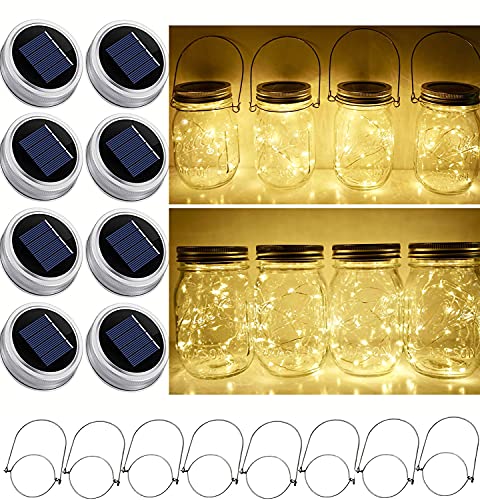 Solar Mason Jar Lid String Lights, 8 Pack 20 Led String Fairy Star Firefly Jar Lids Lights with 8 Hangers Included (Jars Not Included), for Mason Jar Patio Garden Wedding Lantern