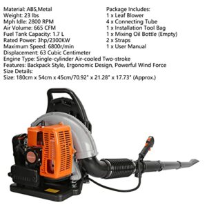 Leaf Blower Gas Powered with Adjustable Backpack Strap, 665 CFM 6800 RPM(r/min) 63cc 2-Stroke Engine Multi-Purpose Cordless High Strength Snow Blower for Outdoor Yard Garden Snowfield & Meadowland