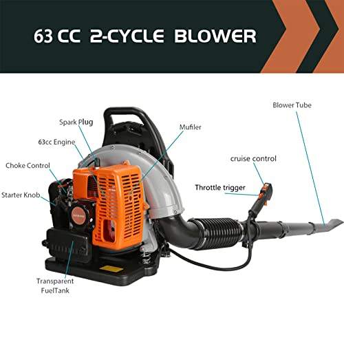 Leaf Blower Gas Powered with Adjustable Backpack Strap, 665 CFM 6800 RPM(r/min) 63cc 2-Stroke Engine Multi-Purpose Cordless High Strength Snow Blower for Outdoor Yard Garden Snowfield & Meadowland