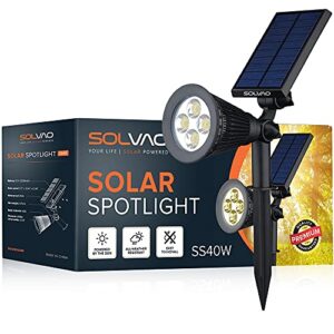 solvao solar spotlight (updated) – ultra bright, waterproof, outdoor led spot light with auto on/off – best sun powered, rechargeable uplight for lighting your landscape, yard & garden (warm white)