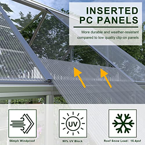 AMERLIFE 6x12 FT Hybrid Polycarbonate Greenhouse with Lockable Hinged Door 3 Vent Window Walk-in Hobby Greenhouse Aluminum Hot House for Outdoor Garden Backyard Silver