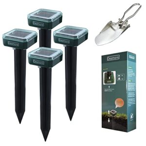 desmore 4 pcs solar sonic mole, vole and gopher repeller with a beautiful free stainless foldable shovel, 100% safe, single device coverage up to 6,700 sq.ft, ip65 waterproof(color box packaging)