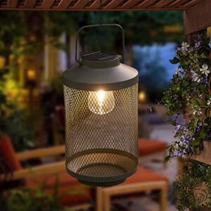 1 pack large solar lantern outdoor hanging – decorative green tabletop edison led metal light for garden, patio, yard, porch, pathway, driveway, and camping – warm white lighting