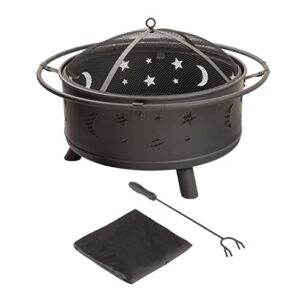 fire pit set, wood burning pit – includes screen, cover and log poker- great for outdoor and patio, 30 inch round star and moon firepit by pure garden