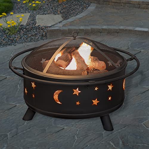 Fire Pit Set, Wood Burning Pit - Includes Screen, Cover and Log Poker- Great for Outdoor and Patio, 30 inch Round Star and Moon Firepit by Pure Garden