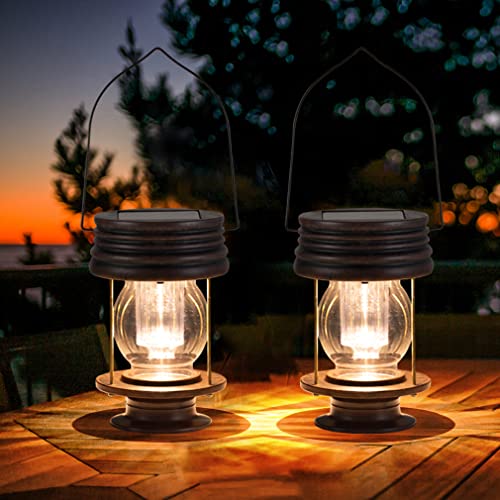 Solar Lanterns Outdoor Waterproof - 8.3" Bright Large Solar Hanging Lights - 2 Pack Solar Powered LED Metal Retro Lights Great Decor for Patio, Gardens, Yards, Path, 30 Lumens (Warm Light)