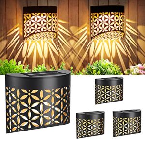 solar wall lights outdoor hollow out patterns of petals 4 pack solar led light decorative lamps, for deck step fence post pathway and garden lighting, 2 modes warm white/color changing …