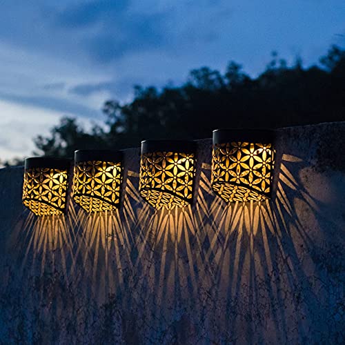 Solar Wall Lights Outdoor Hollow Out Patterns of Petals 4 Pack Solar LED Light Decorative Lamps, for Deck Step Fence Post Pathway and Garden Lighting, 2 Modes Warm White/Color Changing …