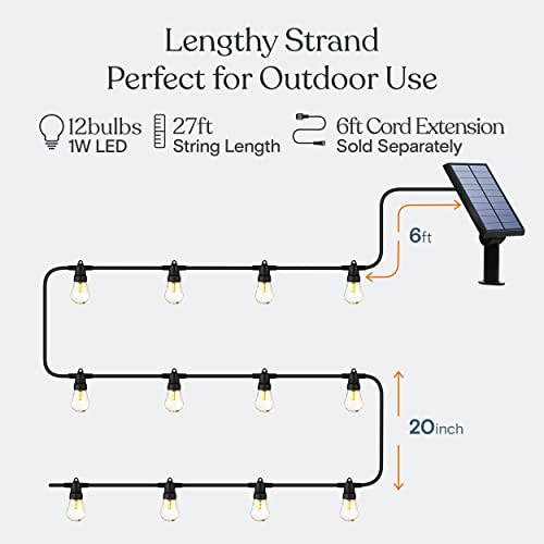 Brightech Ambience Pro Solar Powered Outdoor String Lights, Commercial Grade Waterproof Patio Lights, 27 Ft Edison Bulbs, Shatterproof LED Solar String Lights for Outdoors - 1W LED, Soft White Light