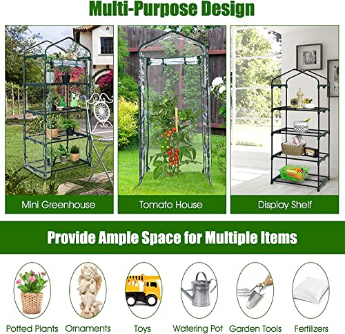 Renatone 4 Tier Mini Greenhouse, Portable Gardening Tent with Weatherproof PE Cover, Zippered Roll-up Door, Steel Frame, Outdoor Garden Greenhouse for Backyard Balcony Patio (Clear)