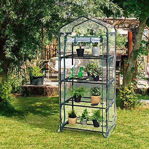 Renatone 4 Tier Mini Greenhouse, Portable Gardening Tent with Weatherproof PE Cover, Zippered Roll-up Door, Steel Frame, Outdoor Garden Greenhouse for Backyard Balcony Patio (Clear)
