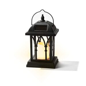 outdoor hanging solar lantern – 11 inch black lantern with solar powered led candle, waterproof, dusk to dawn timer, classic mission style, fall decor for mantle or patio