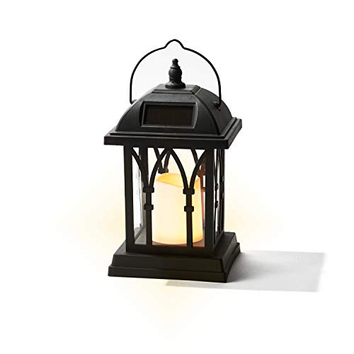 Outdoor Hanging Solar Lantern - 11 Inch Black Lantern with Solar Powered LED Candle, Waterproof, Dusk to Dawn Timer, Classic Mission Style, Fall Decor for Mantle or Patio