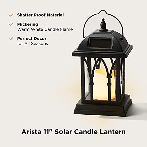 Outdoor Hanging Solar Lantern - 11 Inch Black Lantern with Solar Powered LED Candle, Waterproof, Dusk to Dawn Timer, Classic Mission Style, Fall Decor for Mantle or Patio