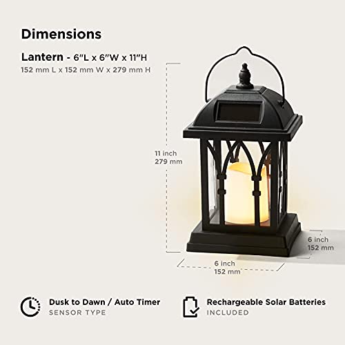 Outdoor Hanging Solar Lantern - 11 Inch Black Lantern with Solar Powered LED Candle, Waterproof, Dusk to Dawn Timer, Classic Mission Style, Fall Decor for Mantle or Patio