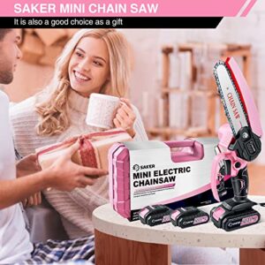 Saker Mini Chainsaw,6 Inch Portable Electric Chainsaw Cordless Pink,Handheld Chain Saw Pruning Shears Chainsaw for Tree Branches,Household and Garden(SAKER MINI CHAINSAW PINK + 2 BATTERIES + 3 CHAINS)